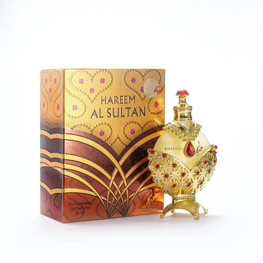 Hareem Al Sultan Gold 35ml perfume oil – non-alcoholic concentrated fragrance with notes of jasmine, pineapple, peach, sandalwood, and musk.